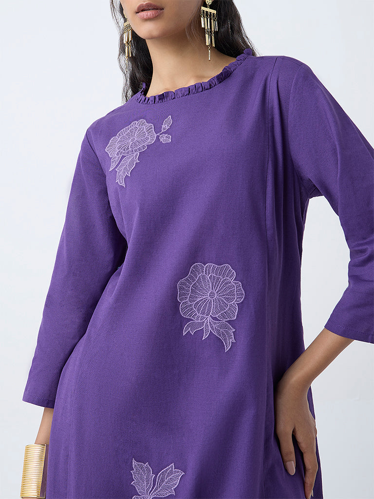 Utsa Purple Floral Embroidered Cotton-Blend A-Line Kurta
