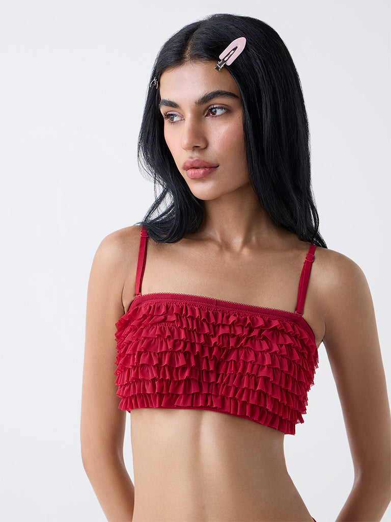 Superstar Red Ruffle-Detailed Padded Bandeau Bra