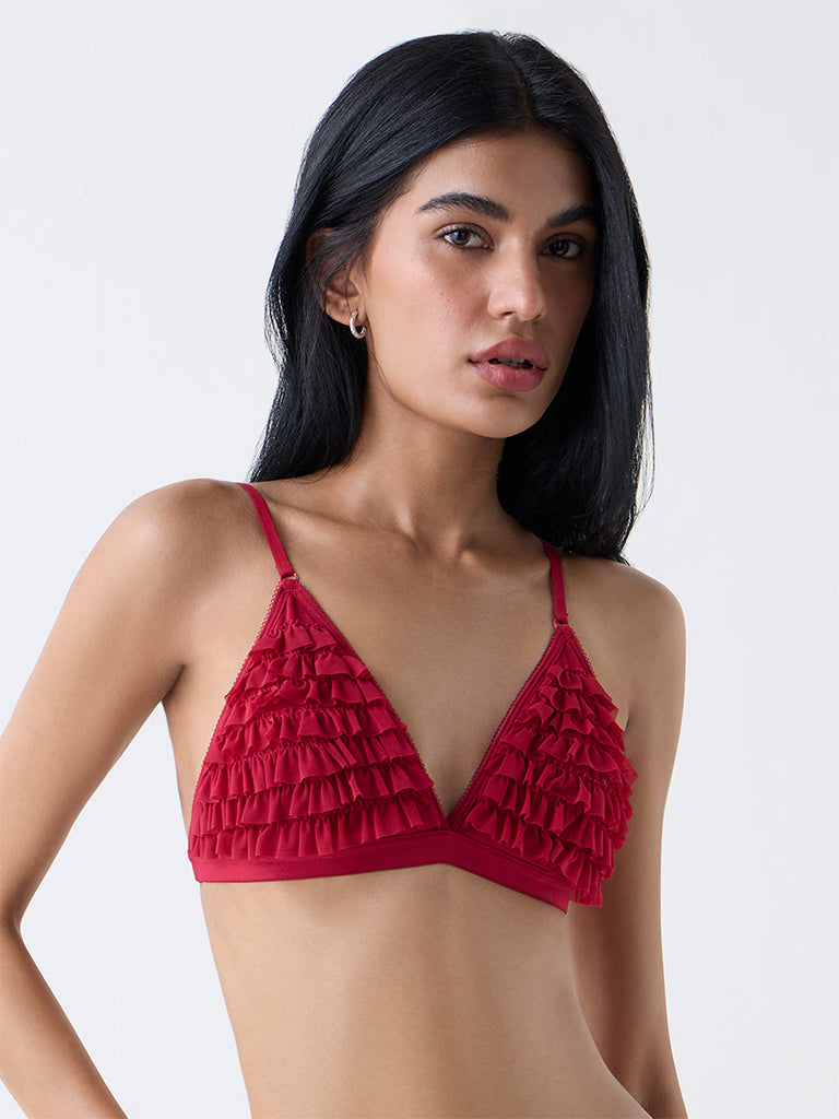 Superstar Red Ruffled Triangle Padded Bra