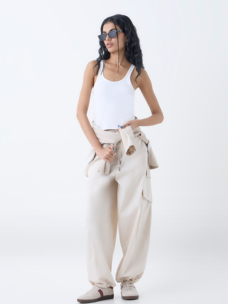 Westside Nuon Women's White Ribbed Cotton-Blend Tank Top for Casual Wear Full View