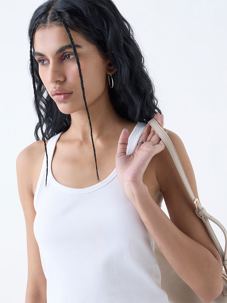 Westside Nuon Women's White Ribbed Cotton-Blend Tank Top for Casual Wear Zoomed View