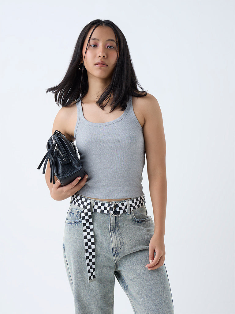 Westside Nuon Women's Grey Ribbed Cotton-Blend Tank Top for Casual Wear Front view