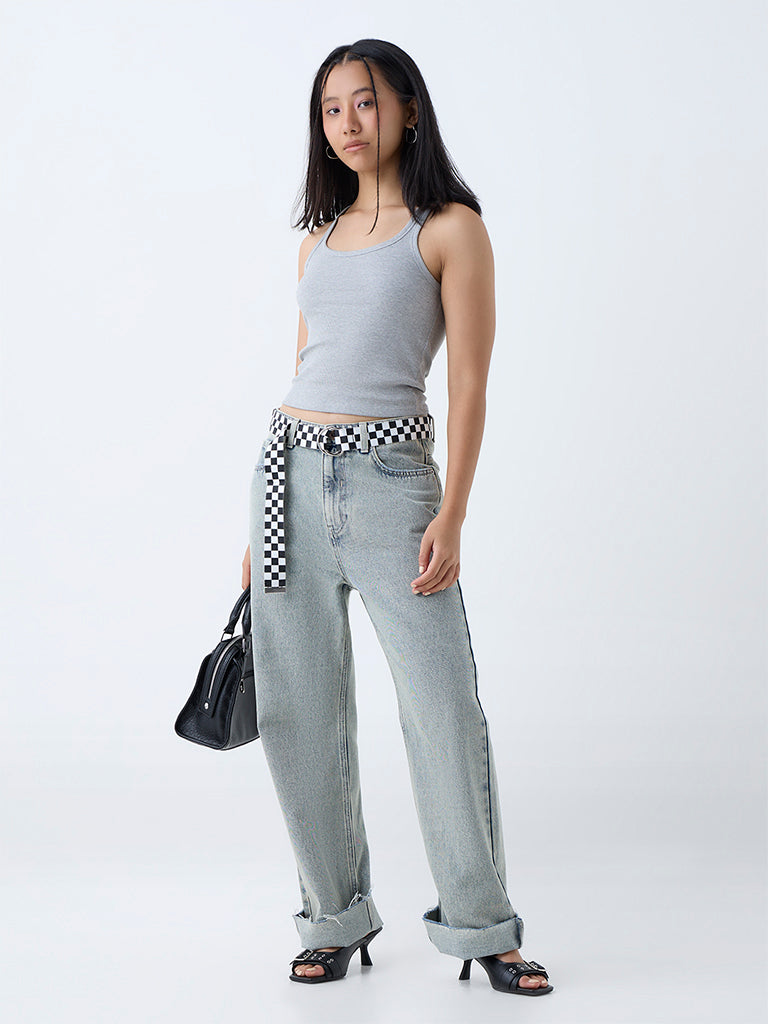 Westside Nuon Women's Grey Ribbed Cotton-Blend Tank Top for Casual Wear Full View