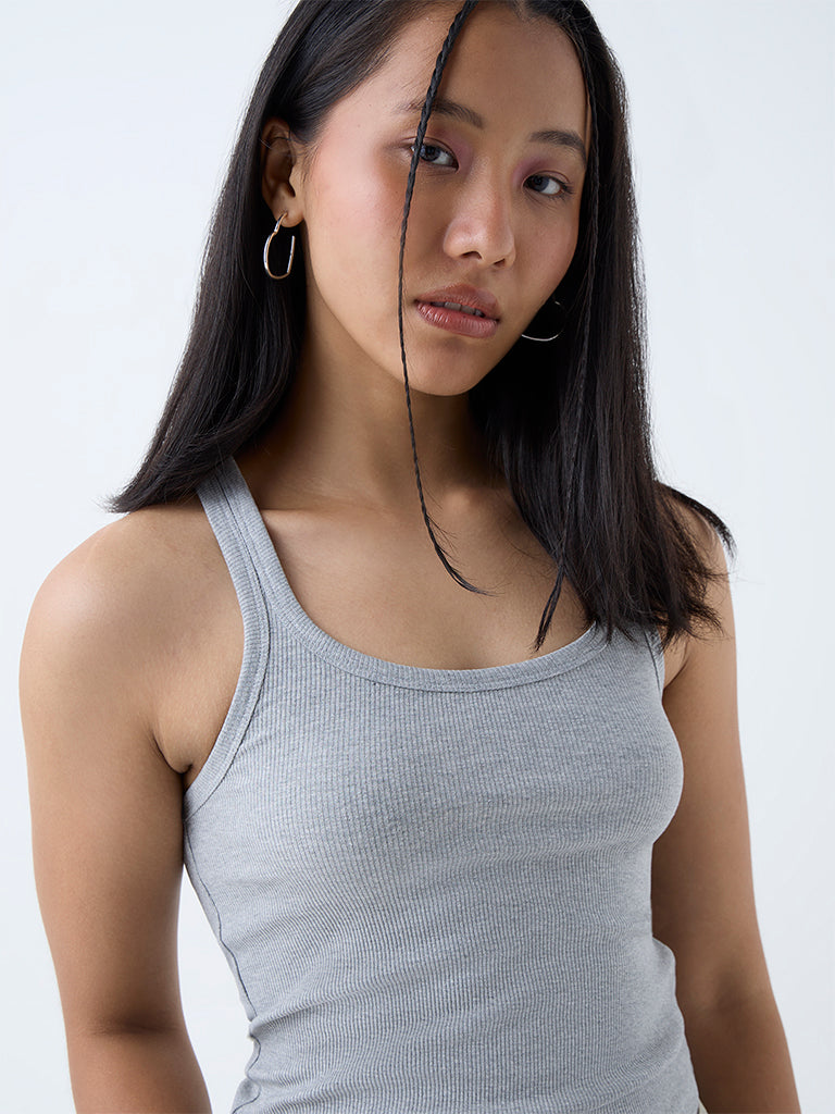 Westside Nuon Women's Grey Ribbed Cotton-Blend Tank Top for Casual Wear Zoomed View