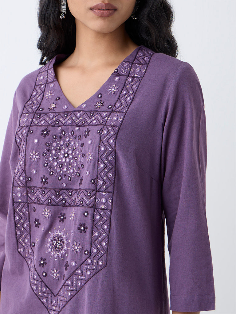 Utsa Purple Embroidered Cotton-Blend A-Line Kurta