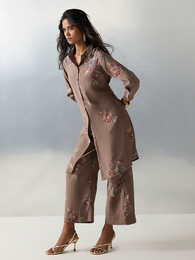 Utsa Brown Floral Printed A-Line Kurta