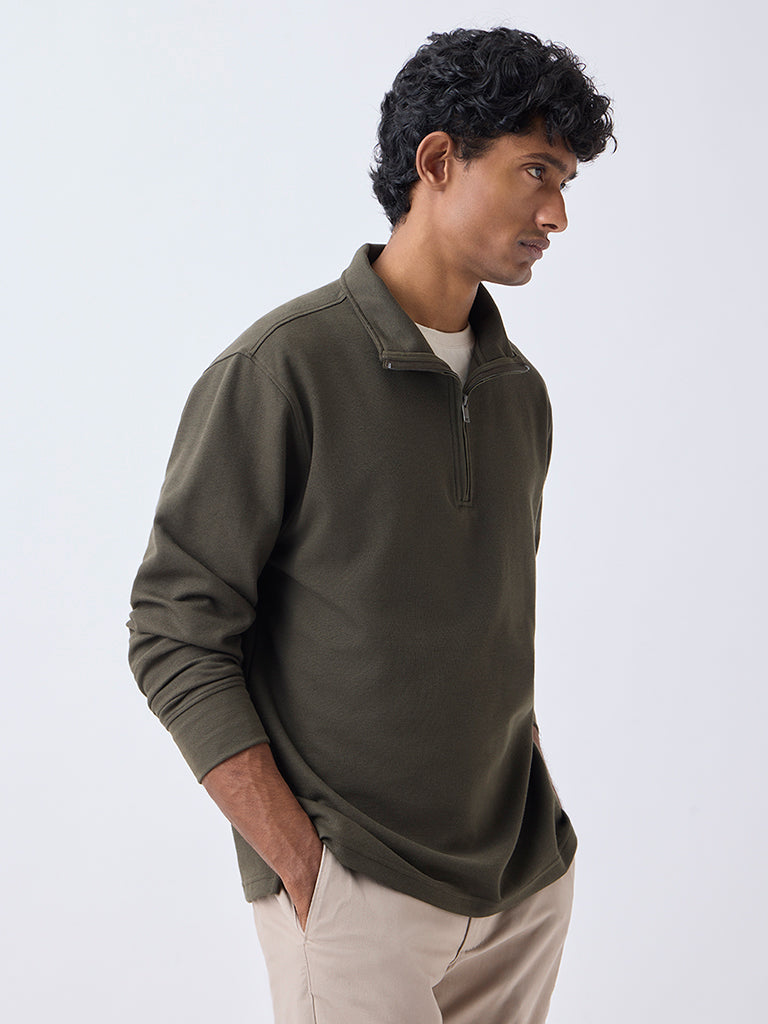 WES Casuals Olive Solid Relaxed-Fit Quarter-Zip Cotton-Blend Sweatshirt