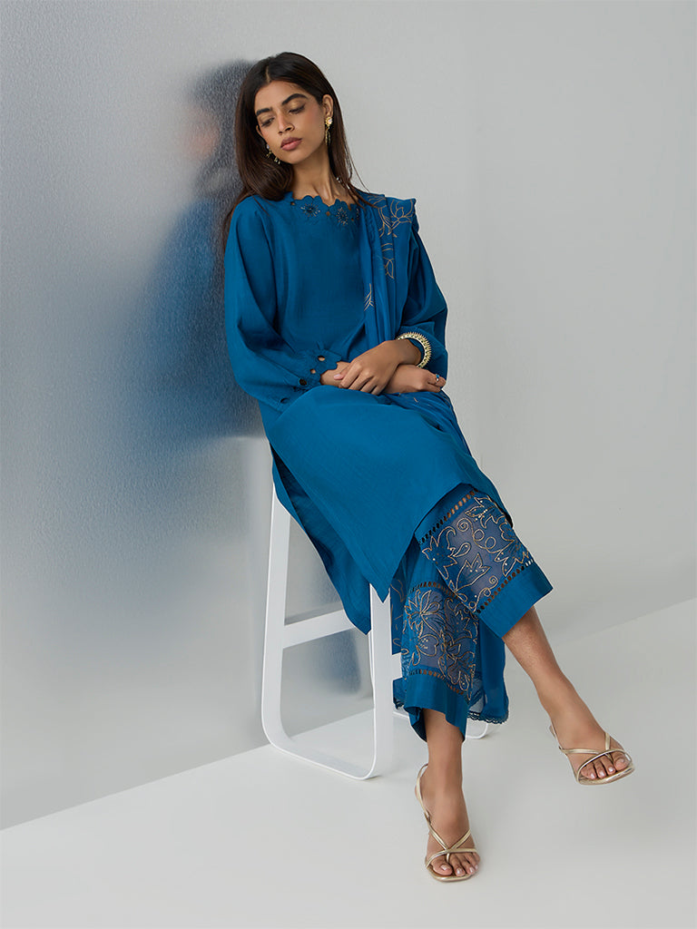 Vark Blue Floral Design A-Line Ethnic Set