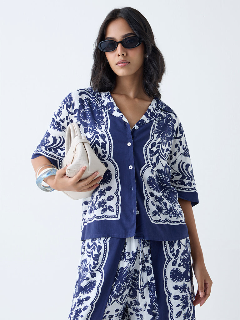 Westside LOV Women's Navy Botanical Design Shirt for Casual Wear Front view