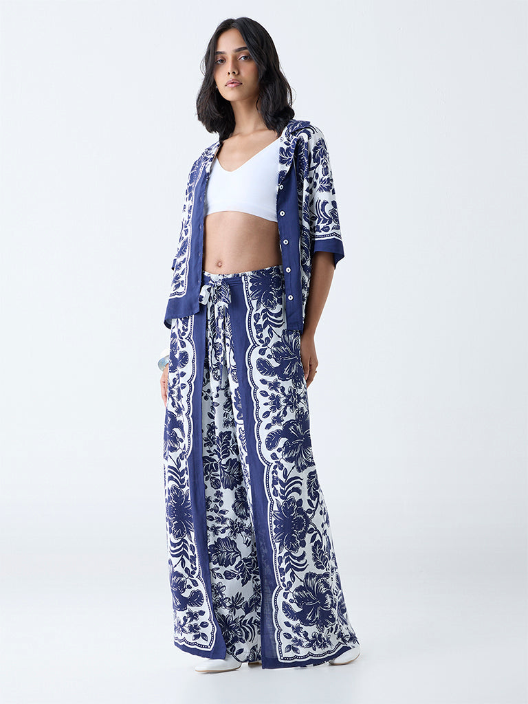 Westside LOV Women's Navy Botanical Design High-Rise Pants for Casual Wear Full View