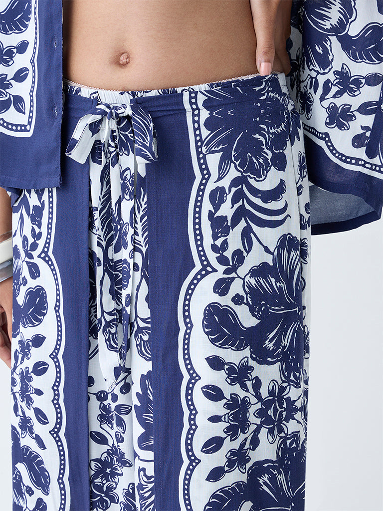 Westside LOV Women's Navy Botanical Design High-Rise Pants for Casual Wear Zoomed View