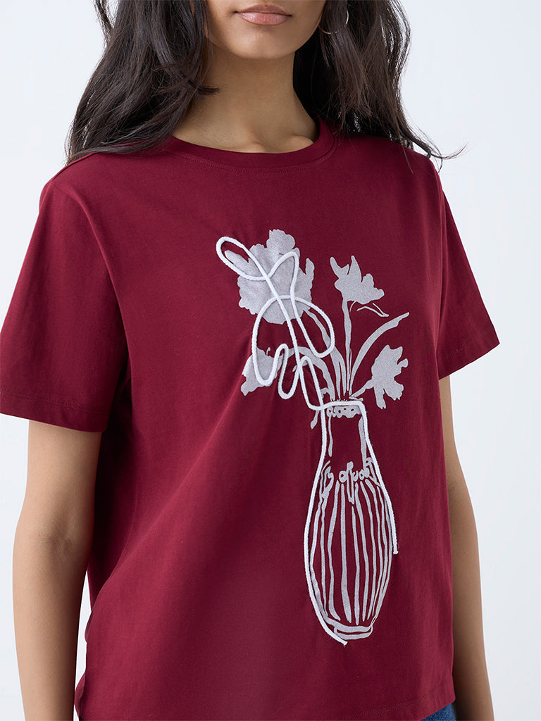 Westside LOV Women's Maroon Floral Pattern Cotton T-Shirt for Casual Wear Zoomed View