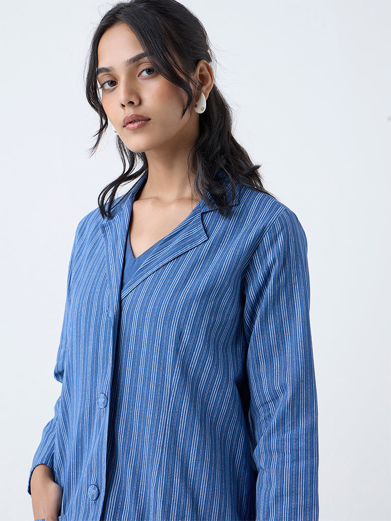 Utsa Blue Stripe Printed Cotton Jacket