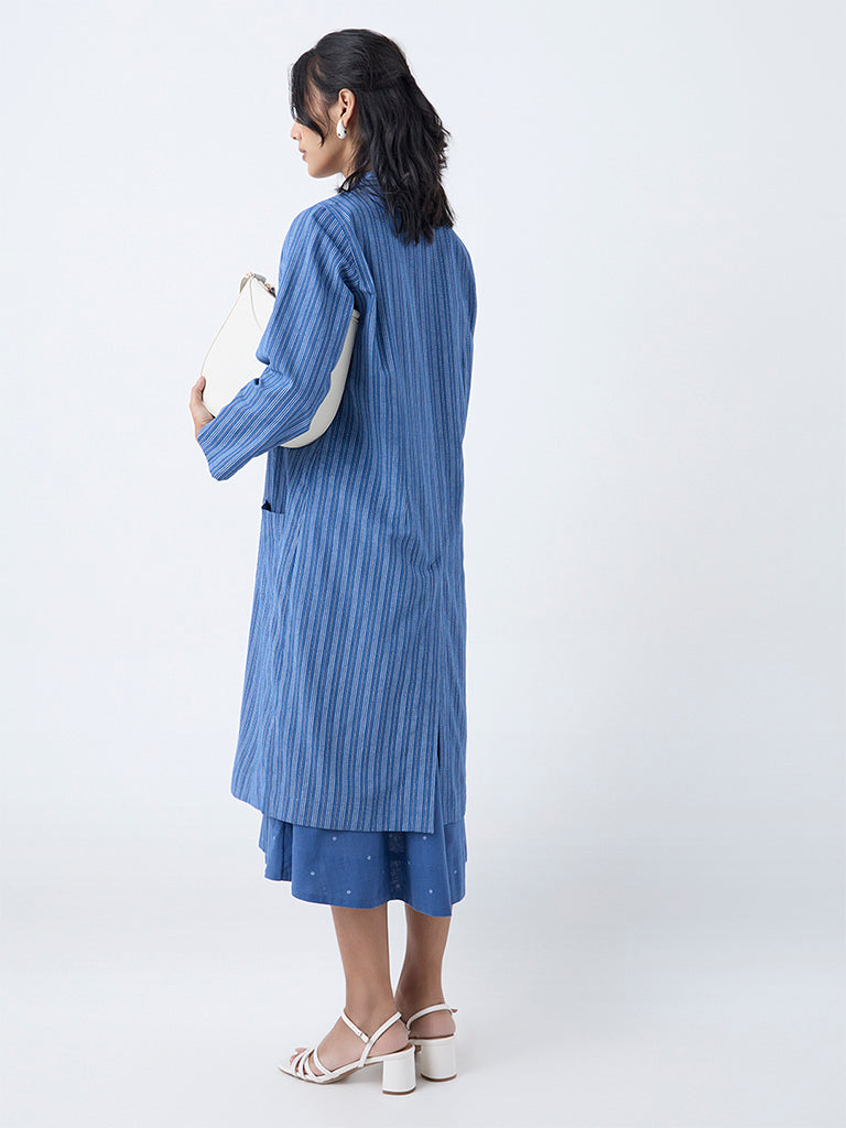 Utsa Blue Stripe Printed Cotton Jacket