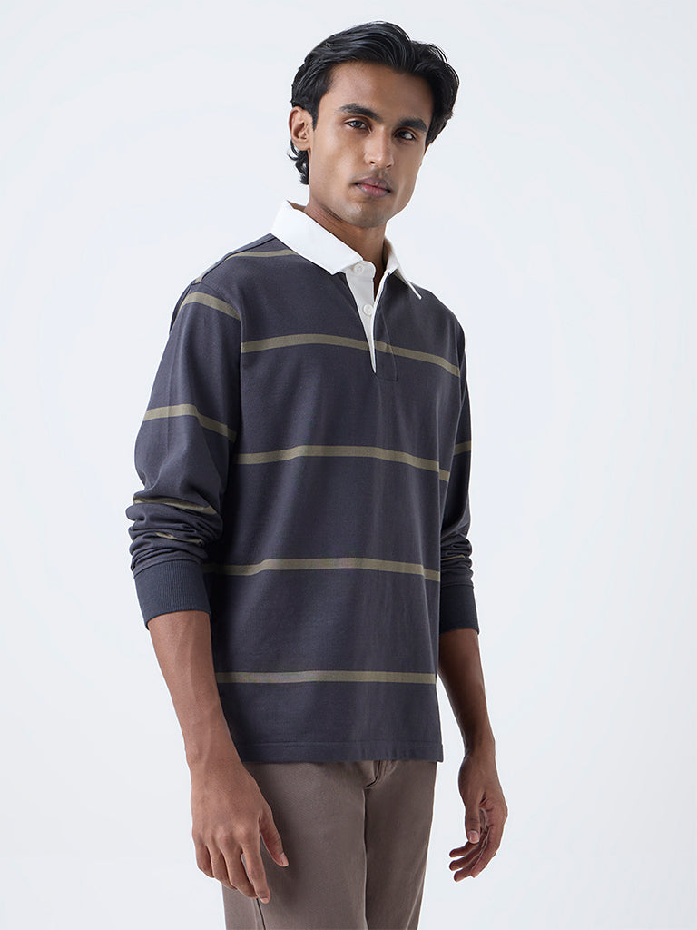 WES Casuals Black Stripe Relaxed-Fit Cotton-Blend Polo T-Shirt