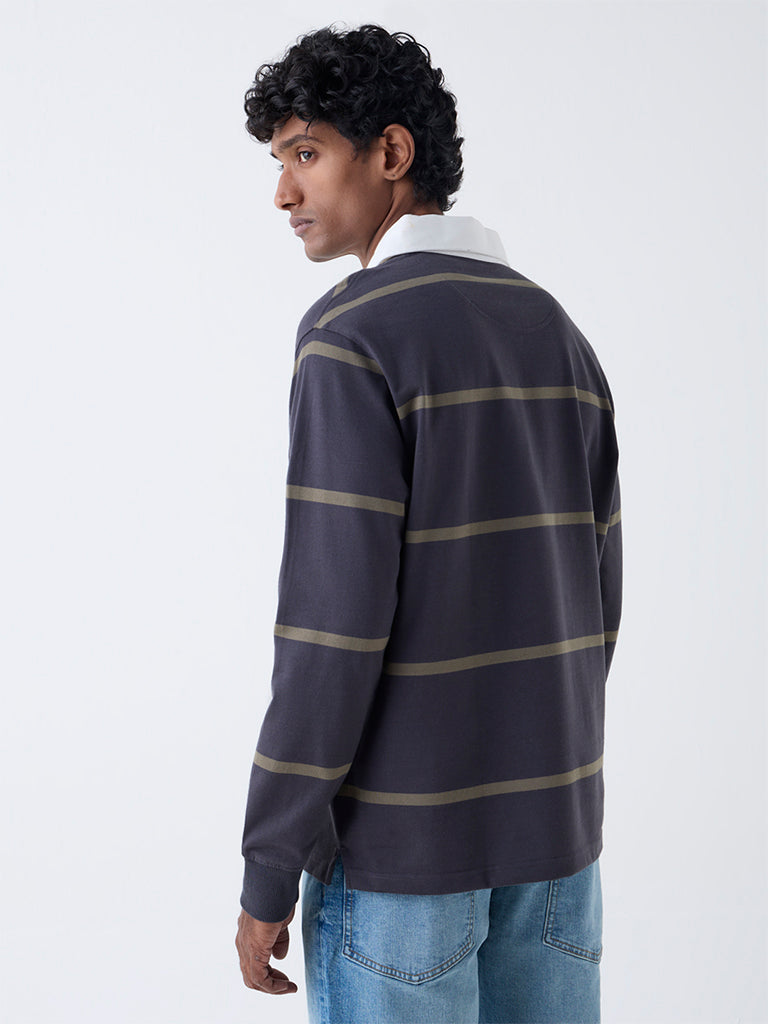 WES Casuals Dark Grey Striped Relaxed Fit Cotton-Blend Polo T-Shirt