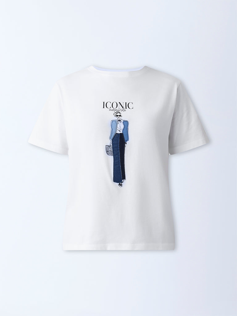 LOV White Graphic Printed Cotton T-Shirt