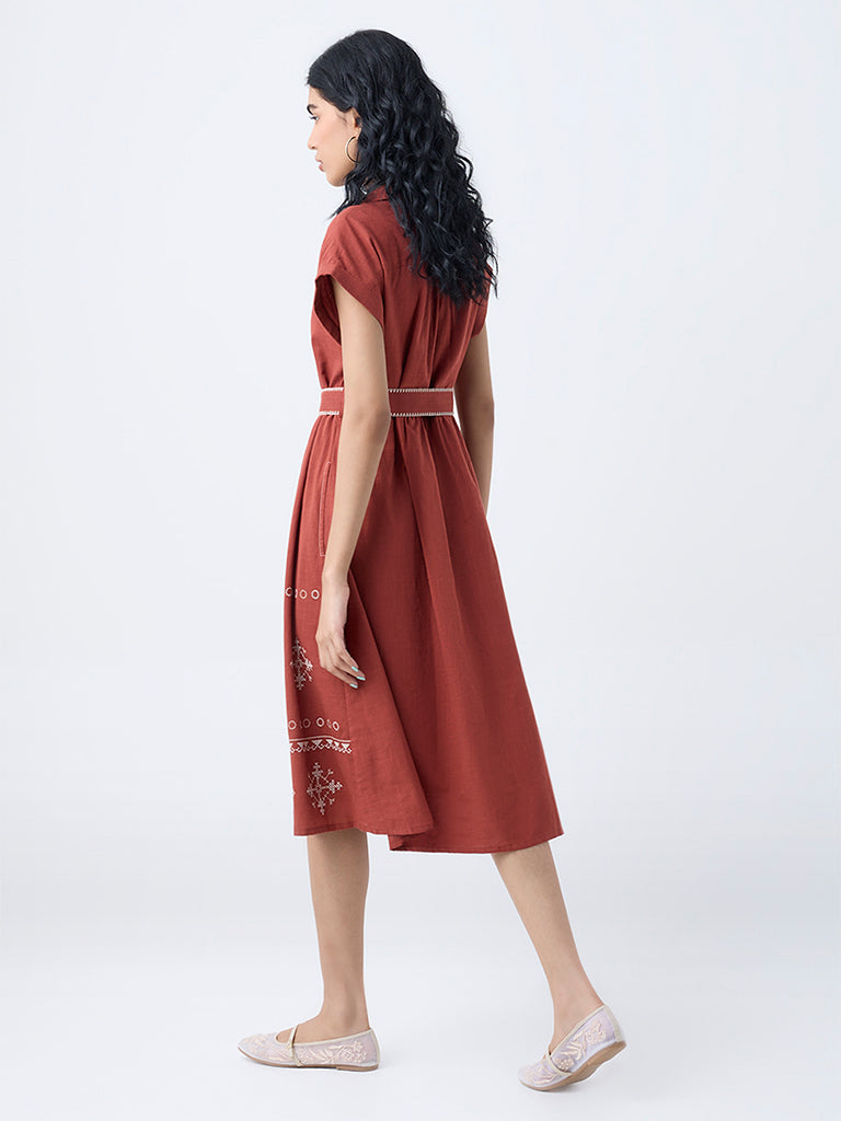 Bombay Paisley Rust Embroidered Cotton Shirt Dress with Belt