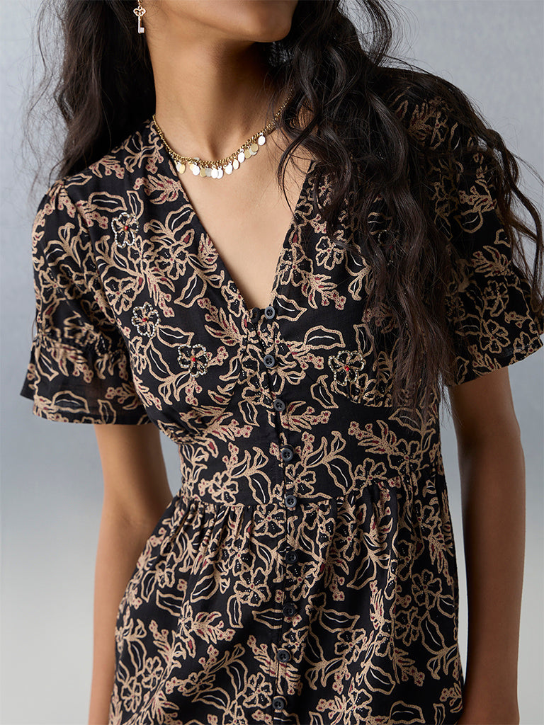 Bombay Paisley Black Floral Embroidered Cotton A-Line Dress