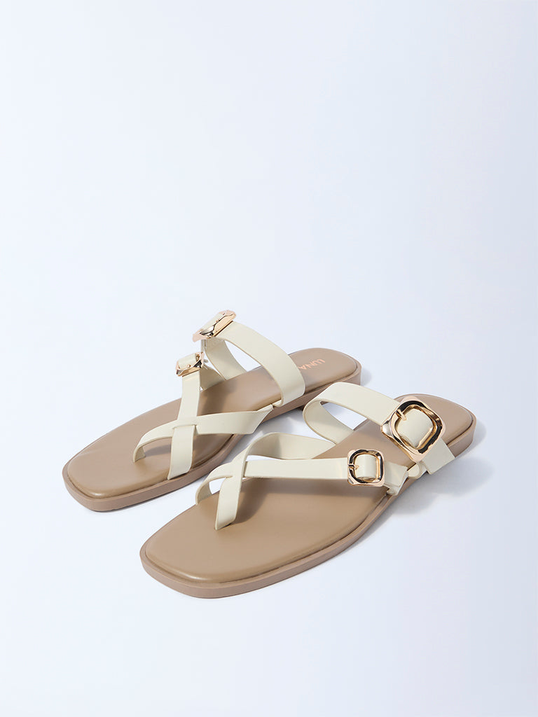 LUNA BLU Ivory Dual-Strap Buckled Slides
