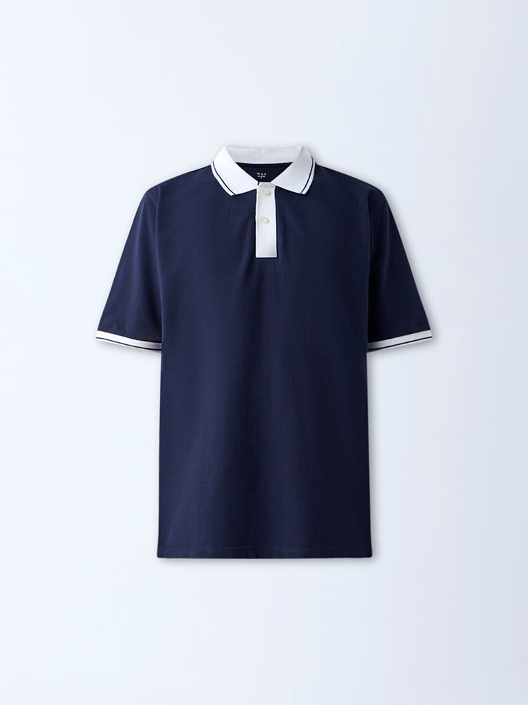 WES Casuals Navy Self Relaxed-Fit Cotton-Blend Polo T-Shirt