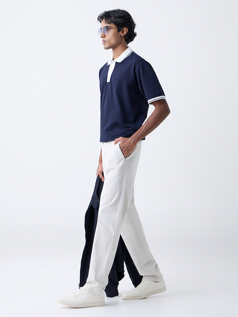 WES Casuals Navy Self Relaxed-Fit Cotton-Blend Polo T-Shirt