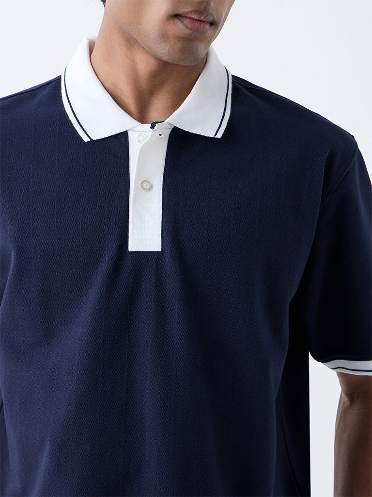 WES Casuals Navy Self Relaxed-Fit Cotton-Blend Polo T-Shirt