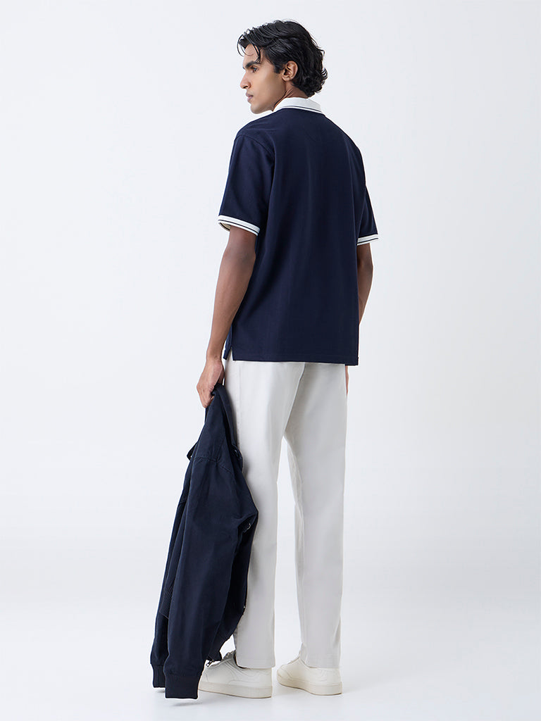 WES Casuals Navy Self Relaxed-Fit Cotton-Blend Polo T-Shirt