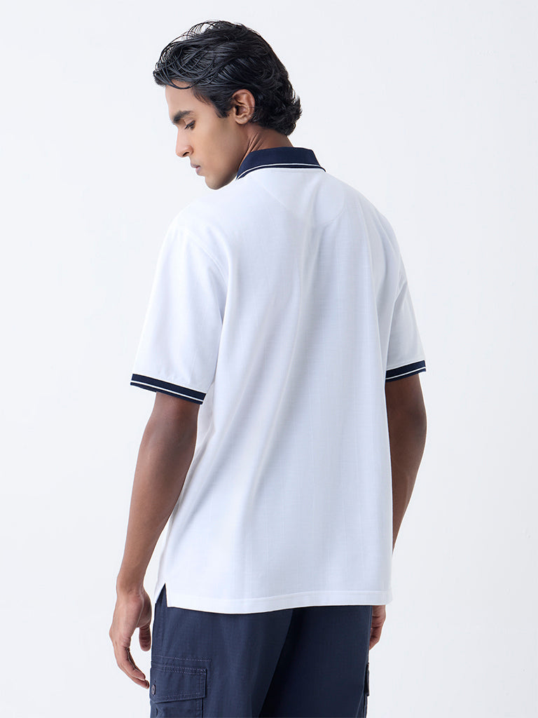 WES Casuals White Self Relaxed-Fit Cotton-Blend Polo T-Shirt