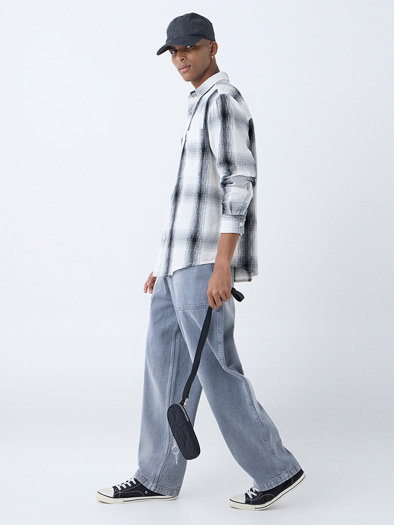Nuon White Checkered Relaxed-Fit Cotton Shirt