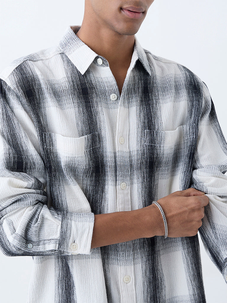 Nuon White Checkered Relaxed-Fit Cotton Shirt