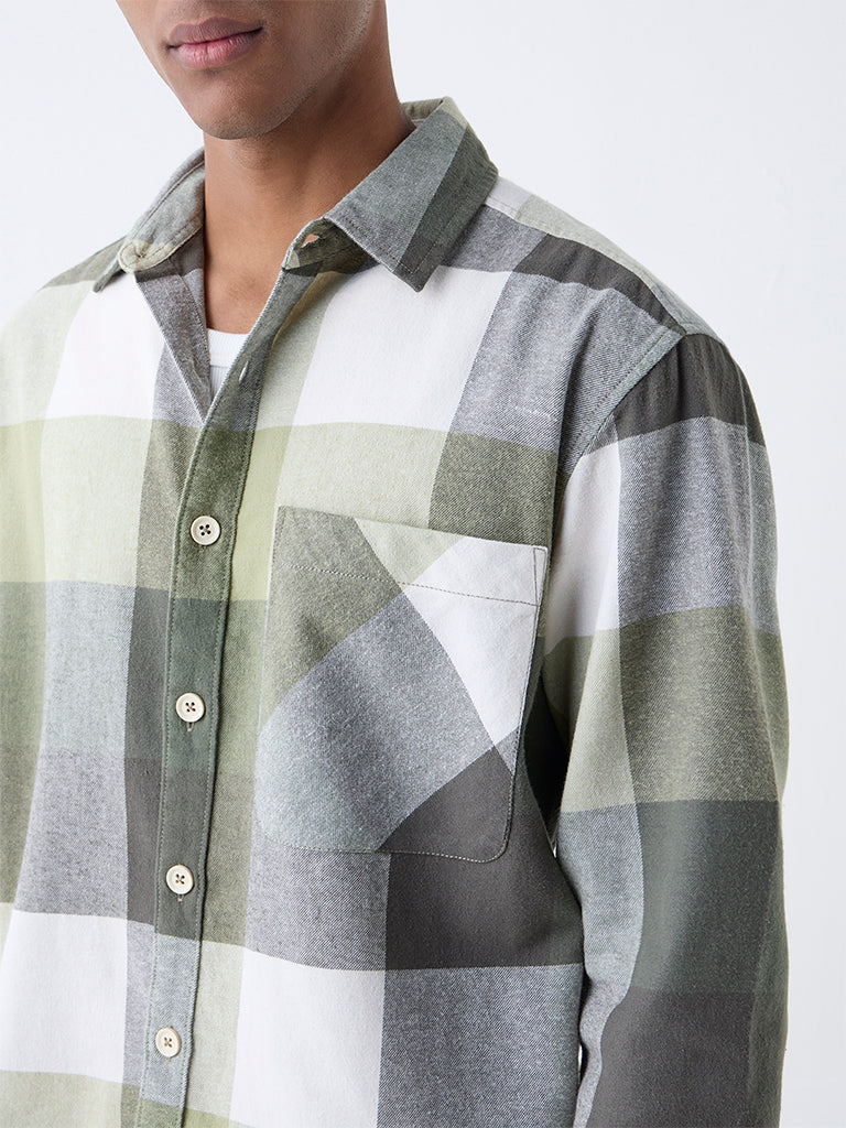 Nuon Light Olive Checkered Relaxed Fit Cotton Shirt