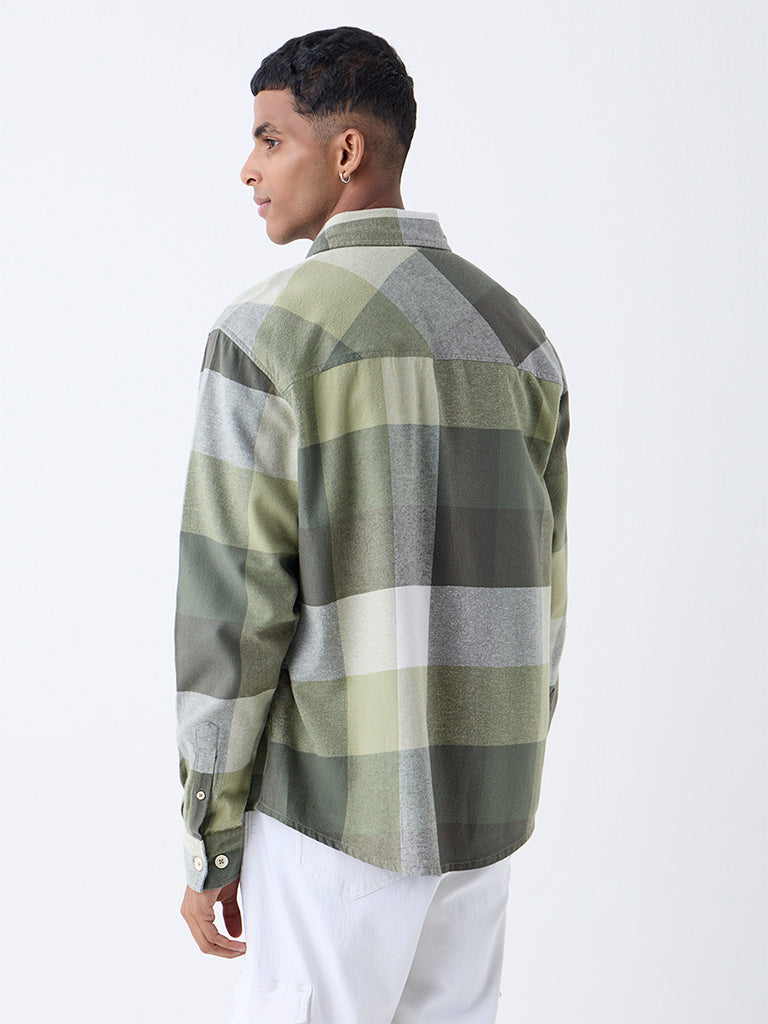 Nuon Light Olive Checkered Relaxed Fit Cotton Shirt