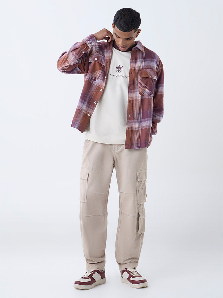 Nuon Purple Checkered Relaxed Fit Cotton Shirt