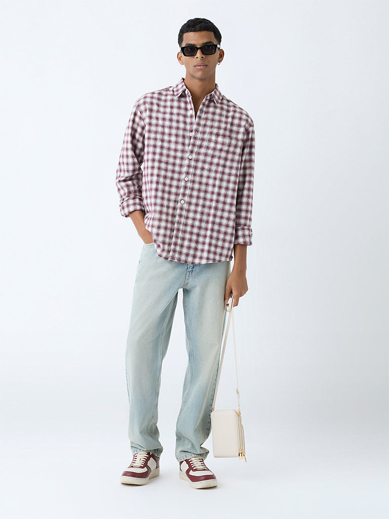 Nuon Maroon Checks Detailed Relaxed-Fit Cotton Shirt