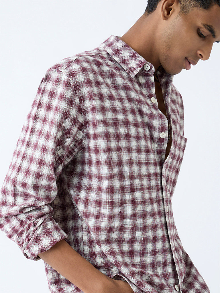 Nuon Maroon Checks Detailed Relaxed-Fit Cotton Shirt