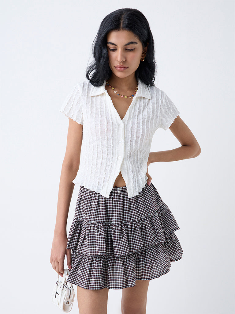 Westside Nuon Women's White Knit-Textured Shirt for Casual Wear Front view