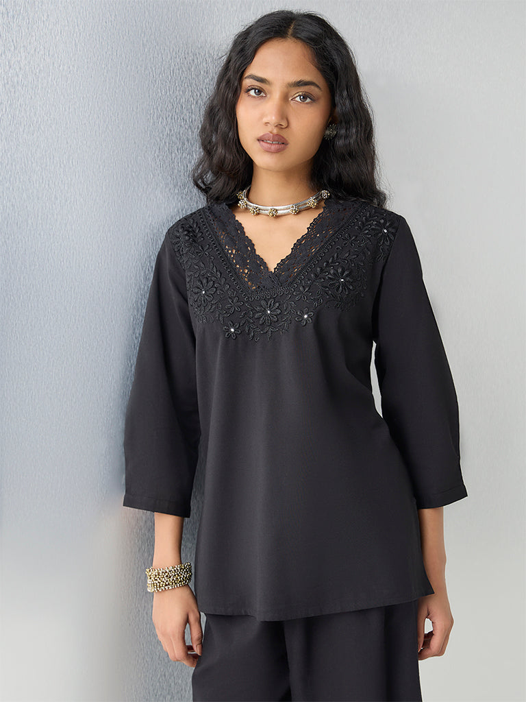 Utsa Black Embroidered Cotton-Blend Tunic