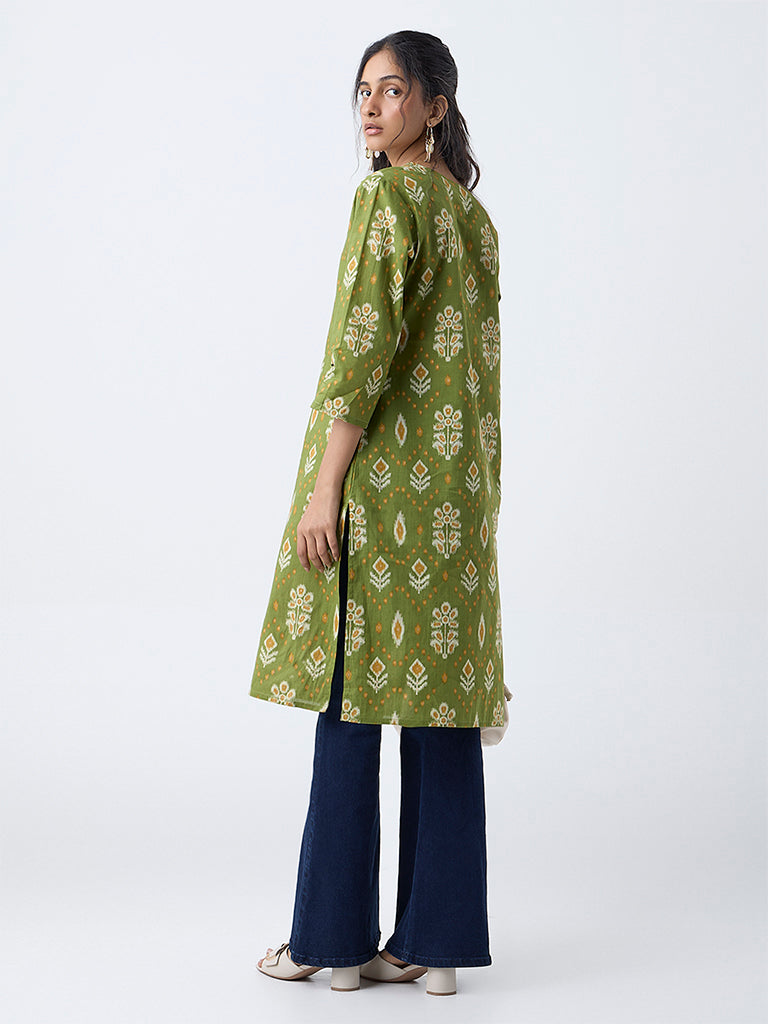 Utsa Green Ikat Pattern Straight Cotton Kurta
