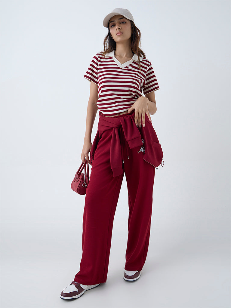 Westside Studiofit Women's Maroon Striped Cotton-Blend T-Shirt for Sports Wear Full View