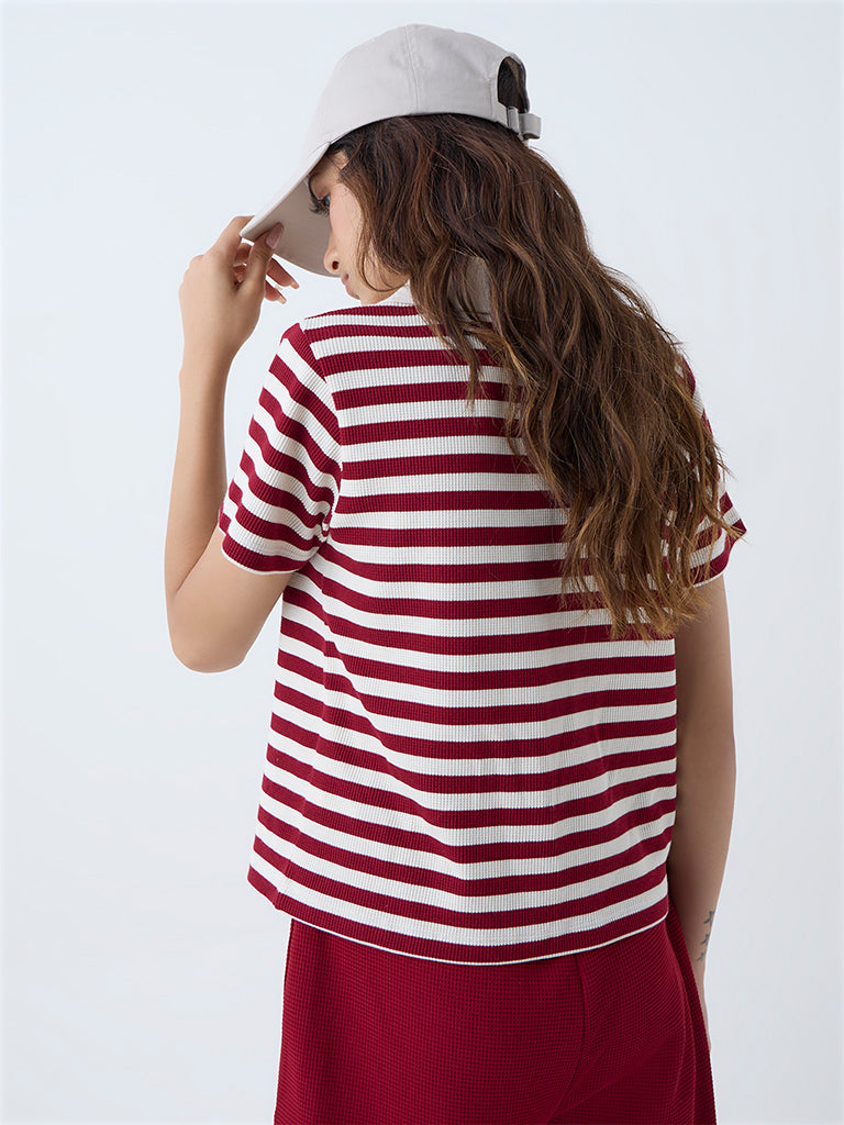 Westside Studiofit Women's Maroon Striped Cotton-Blend T-Shirt for Sports Wear Back View