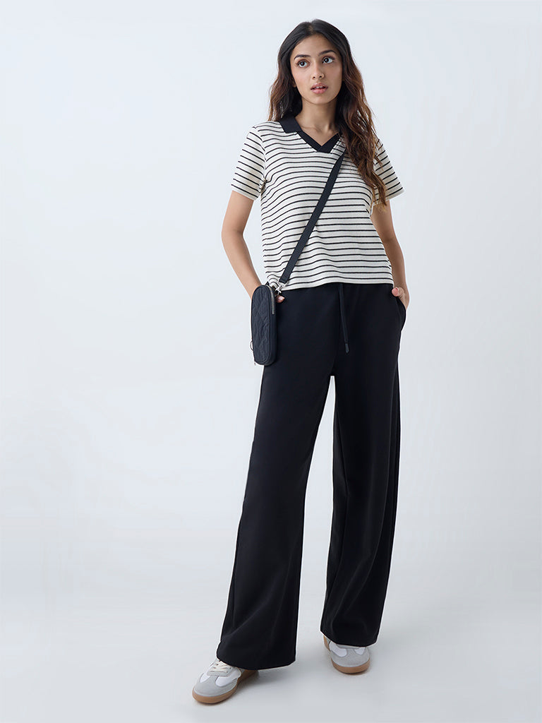 Westside Studiofit Women's White Striped Cotton-Blend T-Shirt for Sports Wear Full View