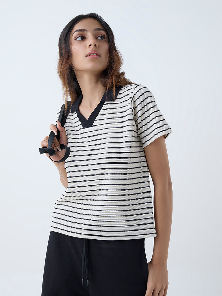 Westside Studiofit Women's White Striped Cotton-Blend T-Shirt for Sports Wear Front view