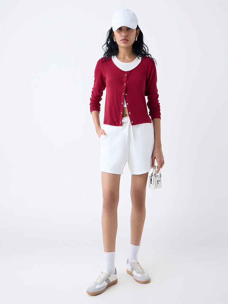 Westside Studiofit Women's Maroon Ribbed-Textured T-Shirt for Sports Wear Full View
