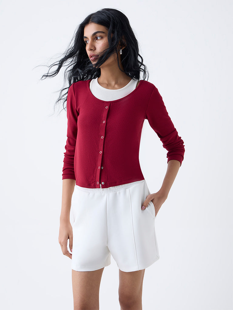Westside Studiofit Women's Maroon Ribbed-Textured T-Shirt for Sports Wear Front view