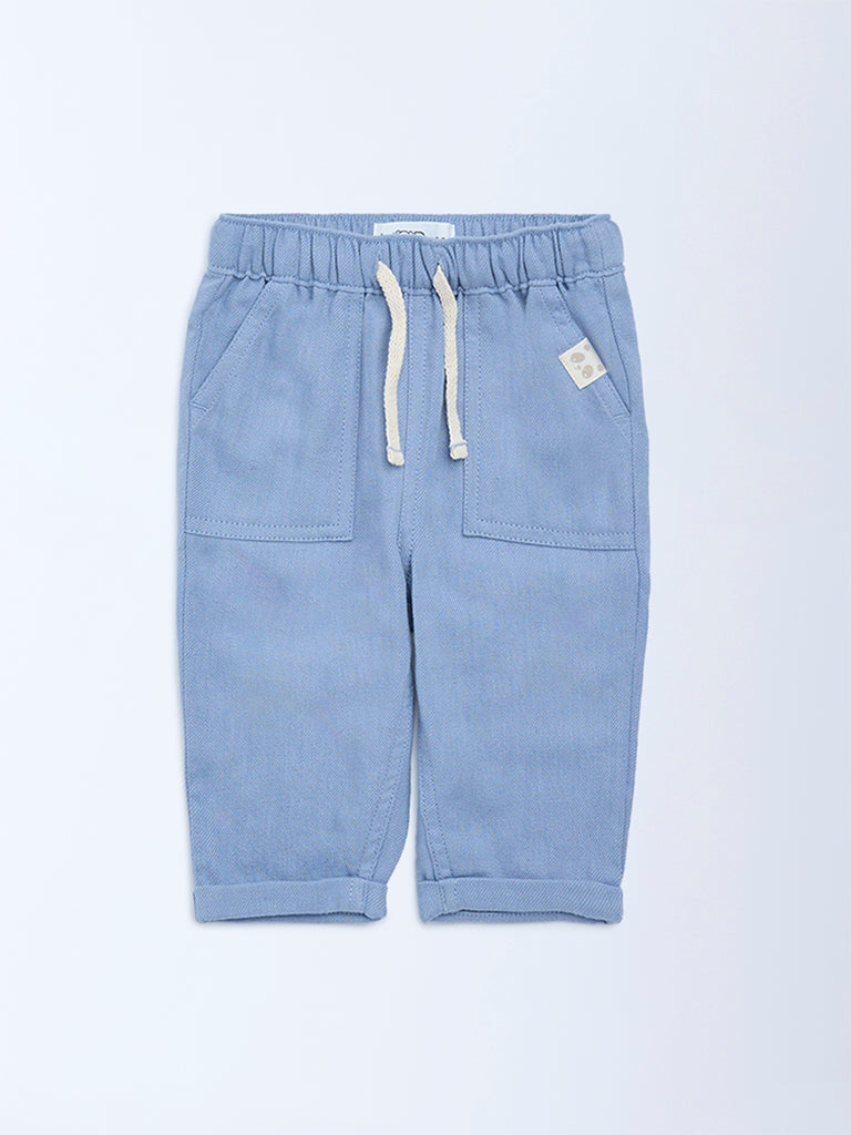 HOP Baby Boys Blue Solid Mid-Rise Cotton-Blend Trousers