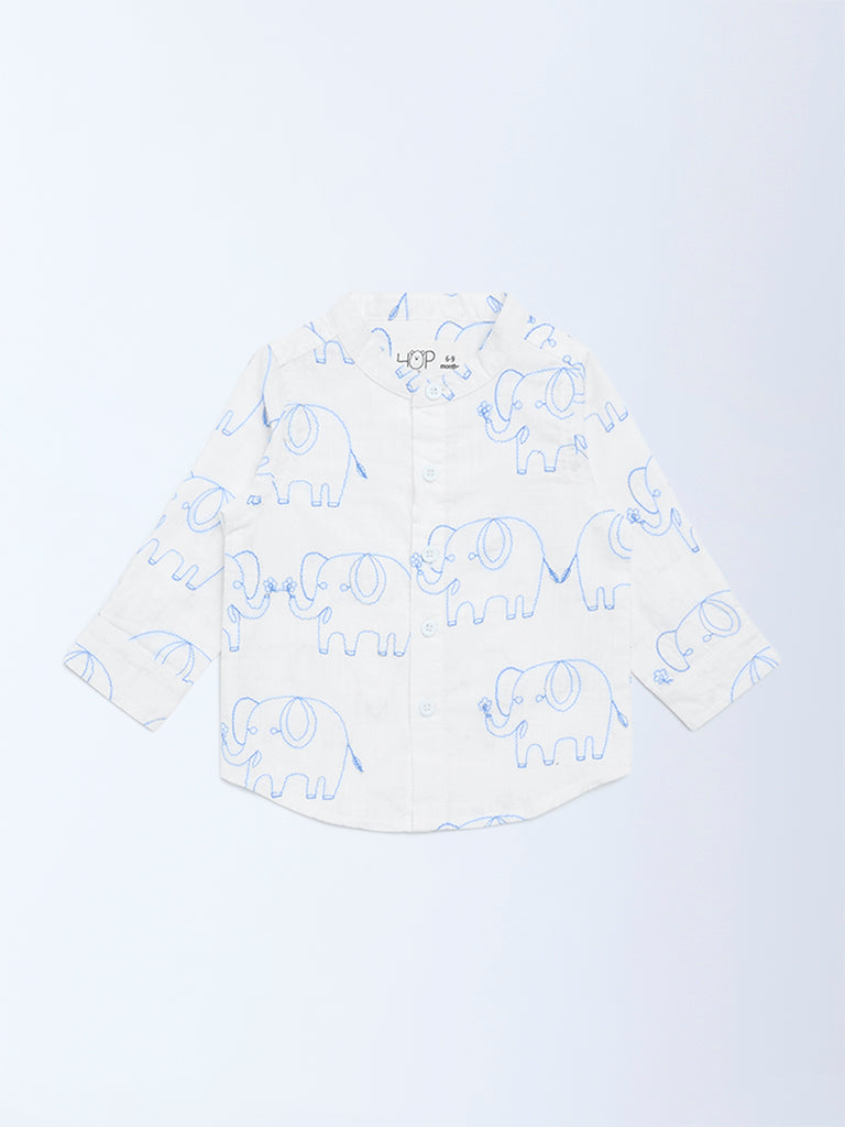 HOP Baby Boys White Animal Embroidered Cotton Shirt