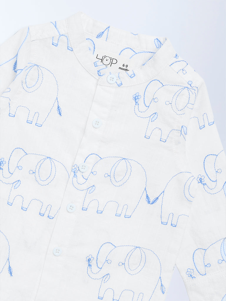 HOP Baby Boys White Animal Embroidered Cotton Shirt