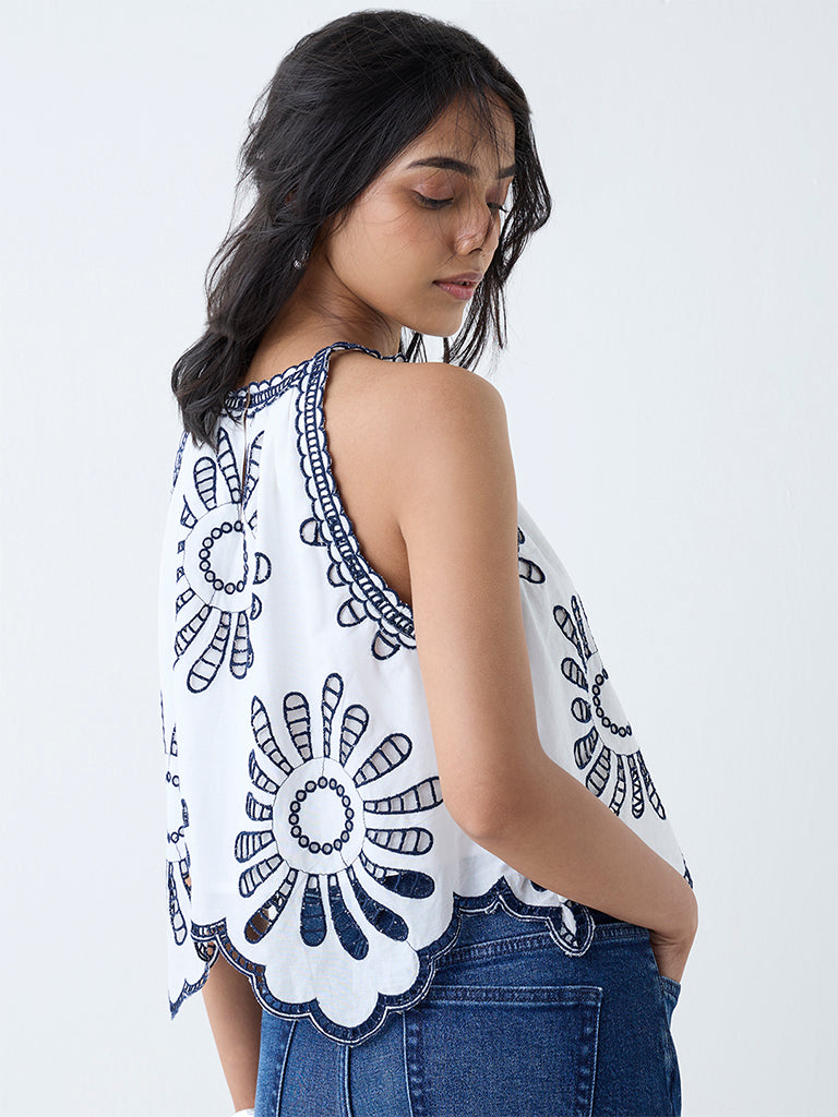 Westside LOV Women's White Floral Embroidered Cotton Top for Casual Wear Back View