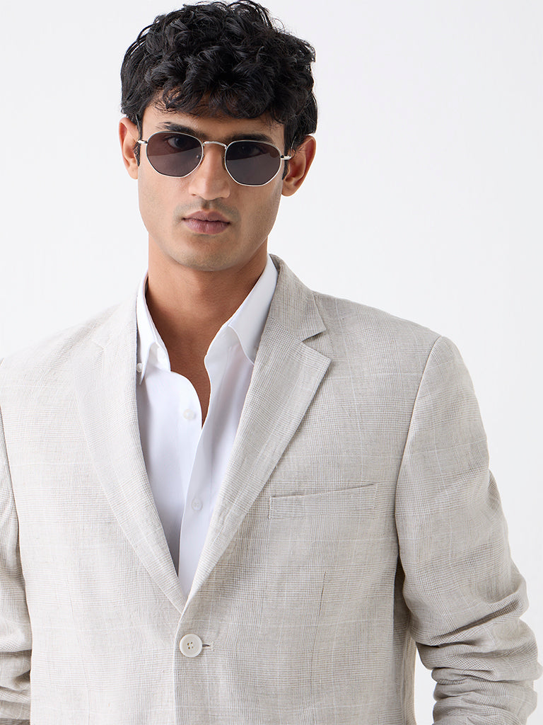 Ascot Beige Checkered Relaxed-Fit Linen Blazer